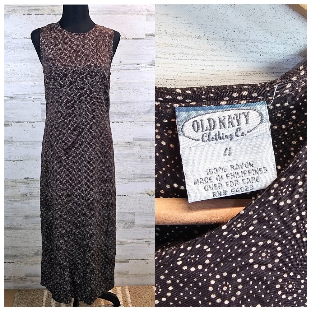 Vintage Old Navy 90s Chocolate Brown Print Midi Dress Sz 4 Rayon Sleeveless - Picture 2 of 16